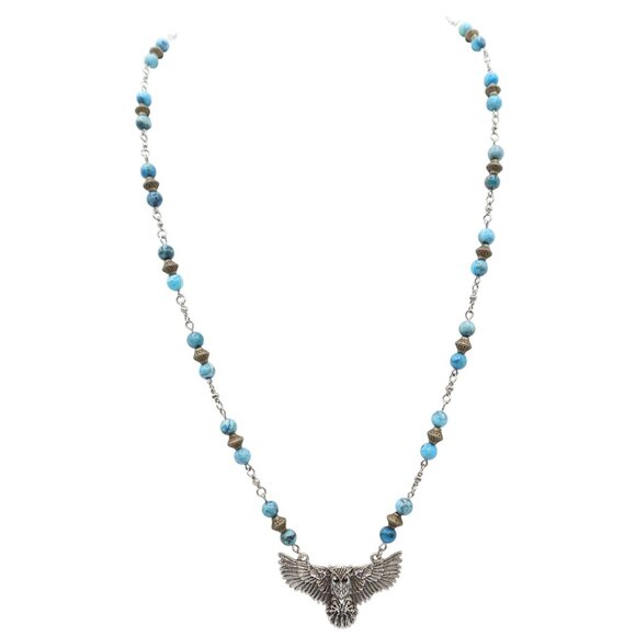 Unsigned Jewelry - Flying Owl Silver Tone Beaded Pendant Necklace Faux Turquoise Station Boho